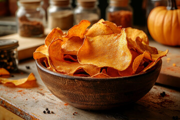 Crispy Sweet Potato Chips in Wooden Bowl