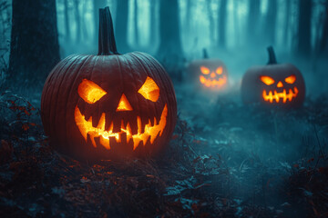 Glowing Jack-o'-Lantern in a Foggy Forest