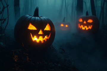 Illuminated Jack-O'-Lantern in a Foggy Forest