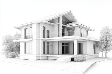 3d render house on white background, in the style of blueprint, precise perspective, composite construction, precisionist, cad (computer aided design), high quality photo