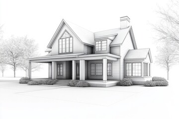 3d render house on white background, in the style of blueprint, precise perspective, composite construction, precisionist, cad (computer aided design), high quality photo