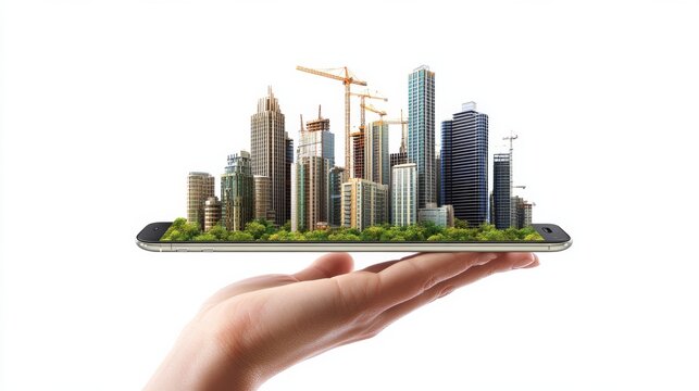 A hand holding a mobile flat on palm , and Multiple construction city building coming out from a flat mobile screen kept flat on a surface, solid white background