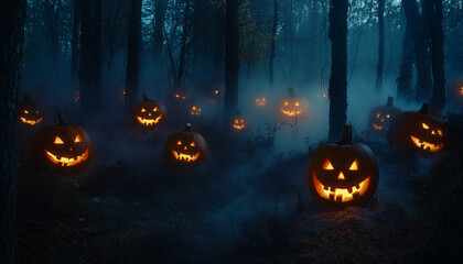 Jack-o'-Lanterns Glowing in a Foggy Forest at Night