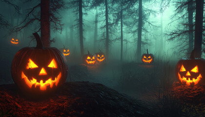 Glowing Jack-O'-Lanterns in a Foggy Forest