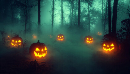 Glowing Jack-O'-Lanterns in a Foggy, Dark Forest