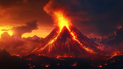 A dramatic volcano erupting with molten lava, ash clouds, and glowing embers against a dark sky