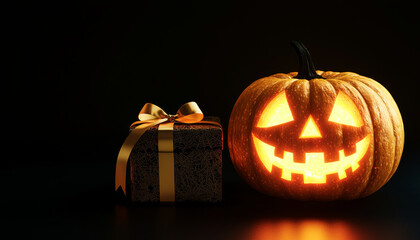 Lit Jack-o'-Lantern with a Gold-Wrapped Gift Box on a Black Background