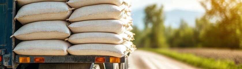 ruck loaded with bags, conveying transport and delivery of goods on a sunny day along a country road.