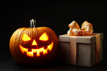 Glowing Jack-o'-lantern beside a Gold Gift Box