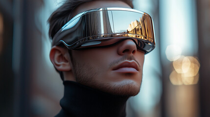 Extreme close-up of a male person wearing an ultra-thin futuristic VR glasses. The glasses is incredibly sleek and minimalist and full chrome featuring a nearly frameless design th