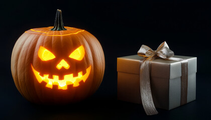 Illuminated Jack-o'-Lantern with a Gift Box in the Dark