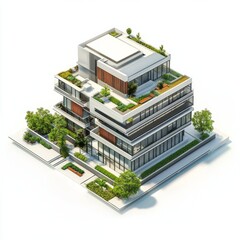 modern building 3d render isometric on white background