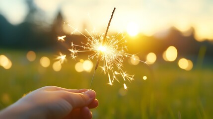 A hand holds a sparkler, creating a dazzling display of light against a sunlit backdrop of vibrant green grass.