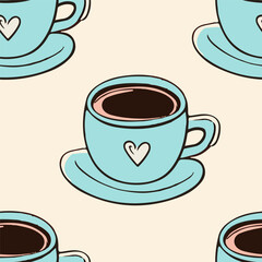 Autumn and winter seamless vector pattern with colorful cup of coffee or tea. Simple doodle style