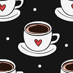 Autumn and winter seamless vector pattern with colorful cup of coffee or tea. Simple doodle style