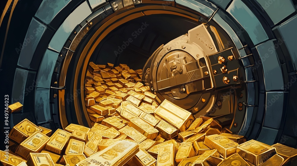 Poster illustration of a secure vault filled with gold bars and currency emphasizing security and wealth pr