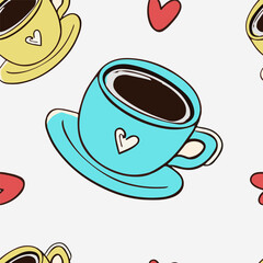 Autumn and winter seamless vector pattern with colorful cup of coffee or tea. Simple doodle style