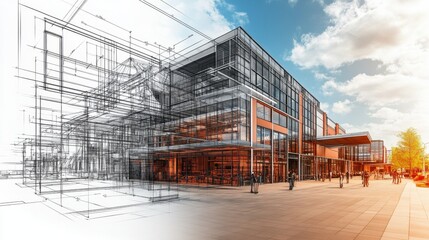 the left half displays architectural blueprints in classic drafting style, complete with detailed lines and dimensions.