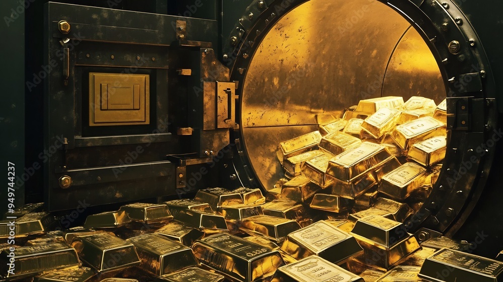 Poster illustration of a secure vault filled with gold bars and currency emphasizing security and wealth pr