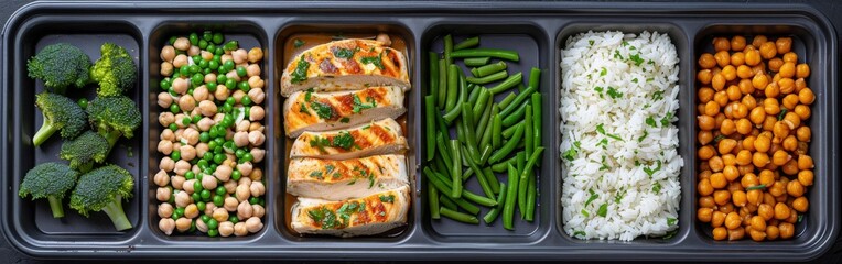 A plastic container filled with various types of food, including chicken, vegetables, fruits, and grains
