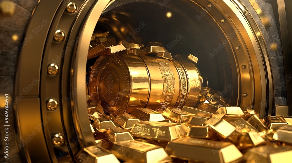 Poster illustration of a secure vault filled with gold bars and currency emphasizing security and wealth pr
