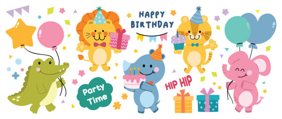 Obraz premium Happy birthday concept animal vector set. Collection of adorable wildlife, lion, tiger, elephant, hippo crocodile. Birthday animal character illustration for greeting card, kid, education, prints.