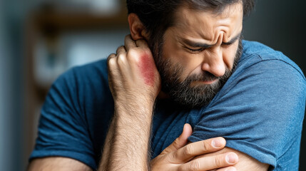 Obraz premium A man is experiencing shoulder pain while clutching his arm. He has a visible red rash on his neck and is wearing a blue shirt.