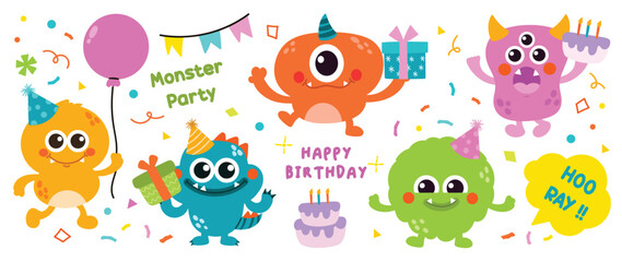 Happy Birthday concept monster party vector set. Collection of cute cartoon monster in different playful characters. Funny alien, demon and creature flat vector design for comic, education, kids.