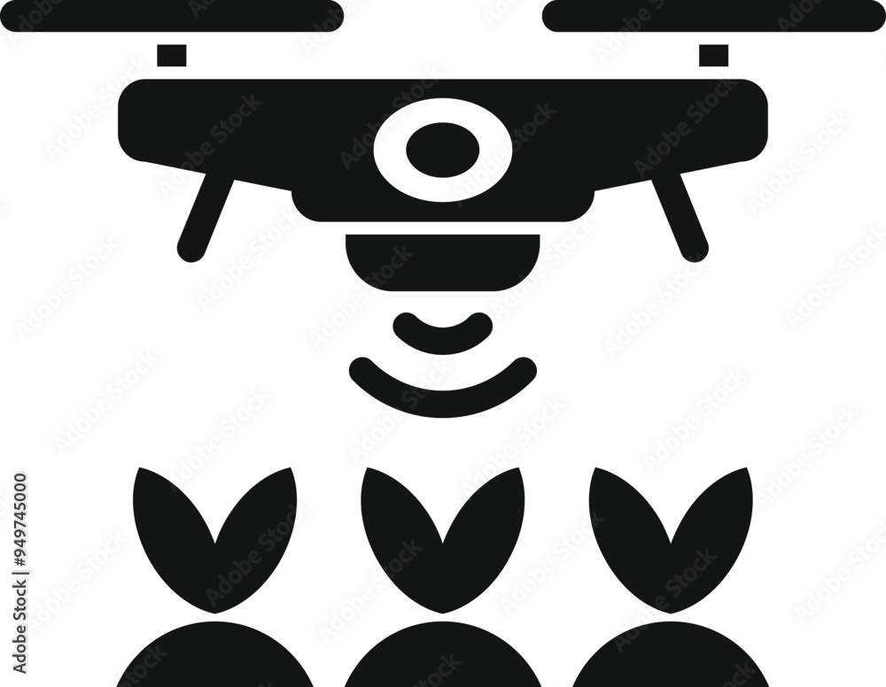 Poster black icon of a drone flying over crops and scanning them with a signal