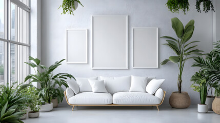Empty picture frames on a white wall in modern living room with a modern sofa. Home staging concept mock up