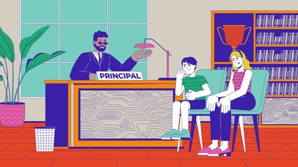 Principal communicating with mother and naughty student cartoon animation. Education 4K video 2D motion graphic. School personal and schoolboy parent animated characters on interior background