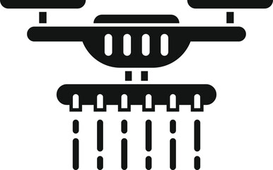 Black glyph icon for a smart farm drone spraying water or fertilizer on crops