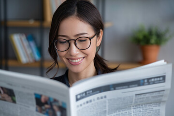 Woman reading newspaper. Woman in glasses reads news, staying informed.
