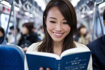 Woman reading book train. Woman with long brown hair reading a book while riding a train. She is...