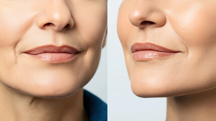 Before and after comparison of a woman's lower face showing improvements in skin texture and wrinkles.
