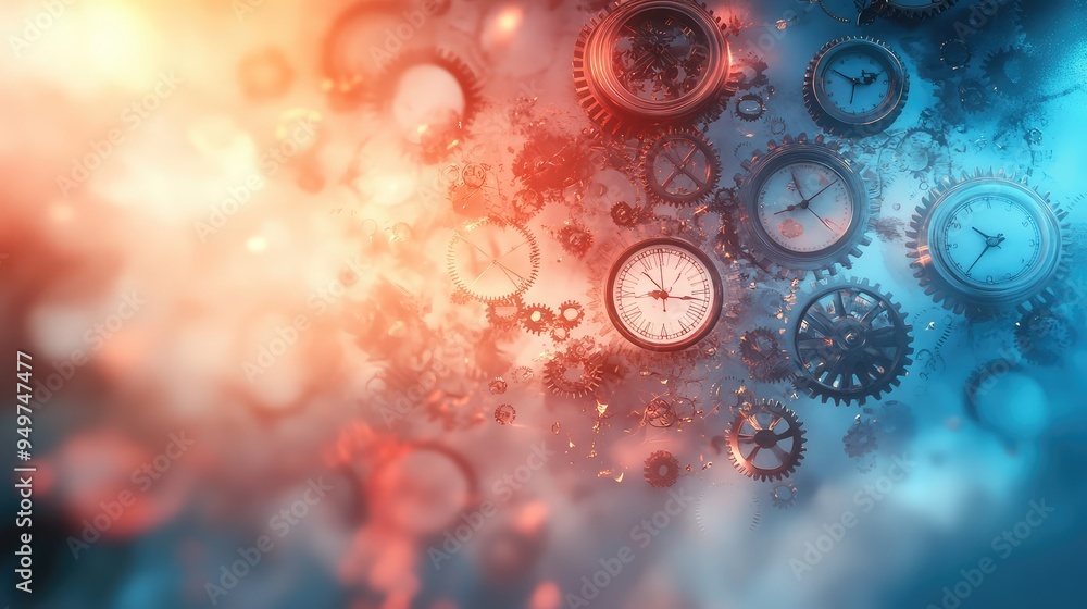 Poster abstract visual of fragmented clocks and drifting gears against a soft gradient background, illustra