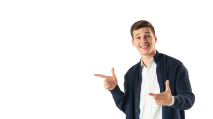 Young man pointing finger empty space isolated on transparent background PNG.
