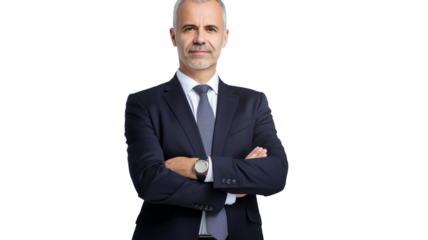 Middle aged financial director business man wearing suit on transparent background PNG. 

