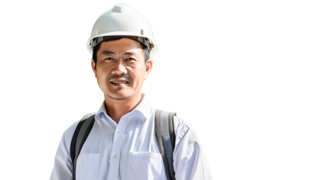Construction mature asian worker, civil engineer with safety helmet isolated on transparent  background PNG. 
