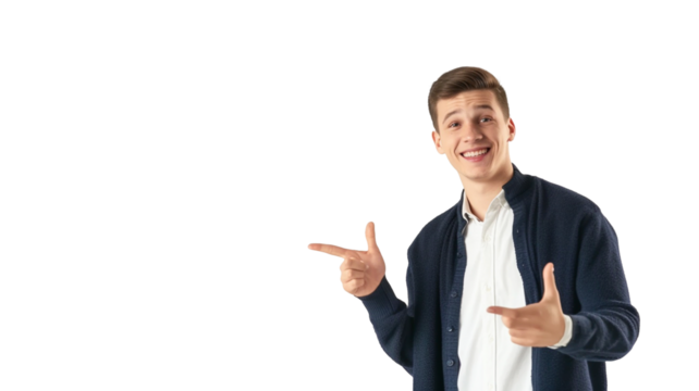 Young man pointing finger empty space isolated on transparent background PNG.
