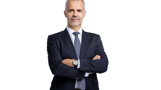 Middle aged financial director business man wearing suit on transparent background PNG. 
