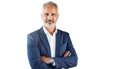 Middle-aged businessman posing with arms crossed isolated on transparent background PNG.
