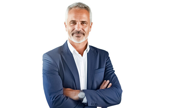 Middle-aged businessman posing with arms crossed isolated on transparent background PNG.
