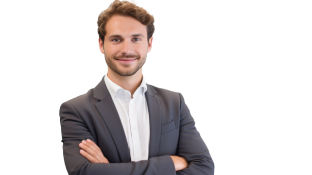 Businessman standing with hands crossed isolated on transparent background PNG.

