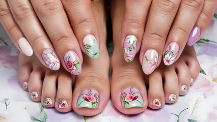 Floral Fantasy nail art on both hands and feet soft pastel base.
