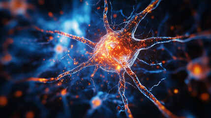 Obraz premium Zbliżenie na ludzkie neurony pokazuje żywe i dynamiczne obrazy mózgu, gdzie impulsy elektryczne przesuwają się przez rozgałęzione neurony.