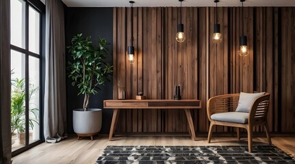Modern wooden entrance hallway adorned with warm, cozy tones.The contemporary home features a sleek wooden desk, an elegant stand, and a practical shoe bench.