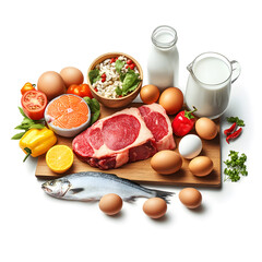 Healthy diet background. Organic food ingredients, superfoods: beef and pork meat, chicken filet, salmon fish, beans, nuts, milk, eggs, fruits, vegetables isolated on white background