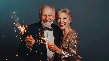 Elegant senior couple laughing and holding sparklers, celebrating new year's eve together