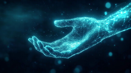 Hologram ręki na ciemnym tle ukazuje dynamiczne połączenia sieci neuronowej, które interaktywnie współdziałają z sztuczną inteligencją. 